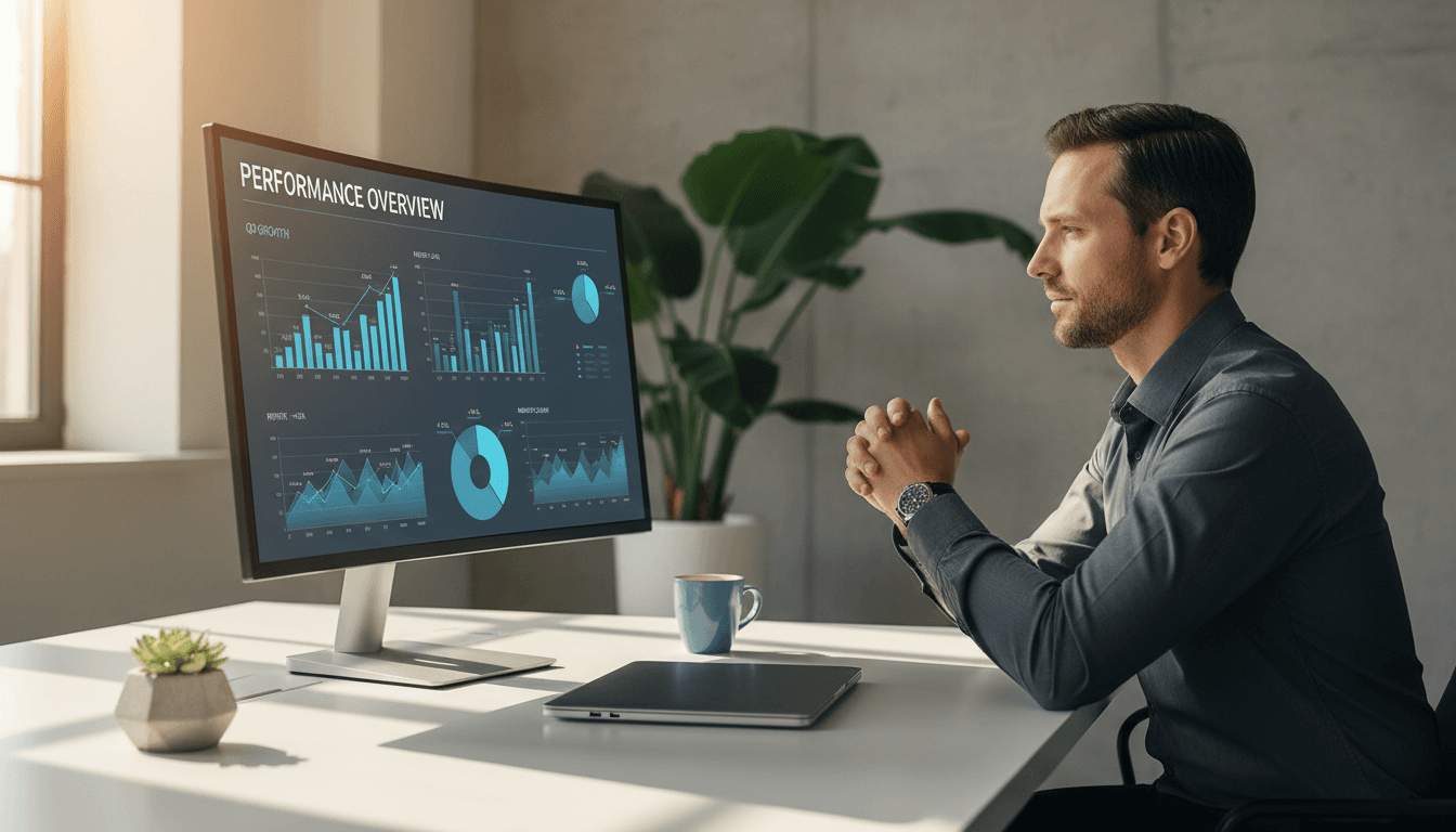 Modern minimalist workspace with a confident business professional reviewing analytics dashboard on a large monitor