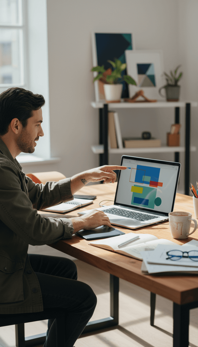 Web designer working on website wireframe and mockup at desk