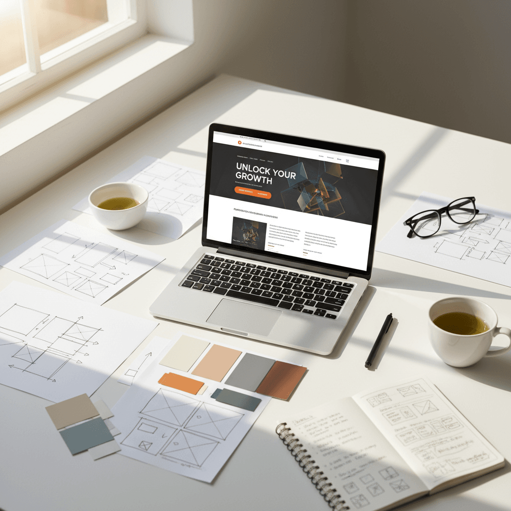 Conversion-focused design workspace with wireframes and high-converting website interface