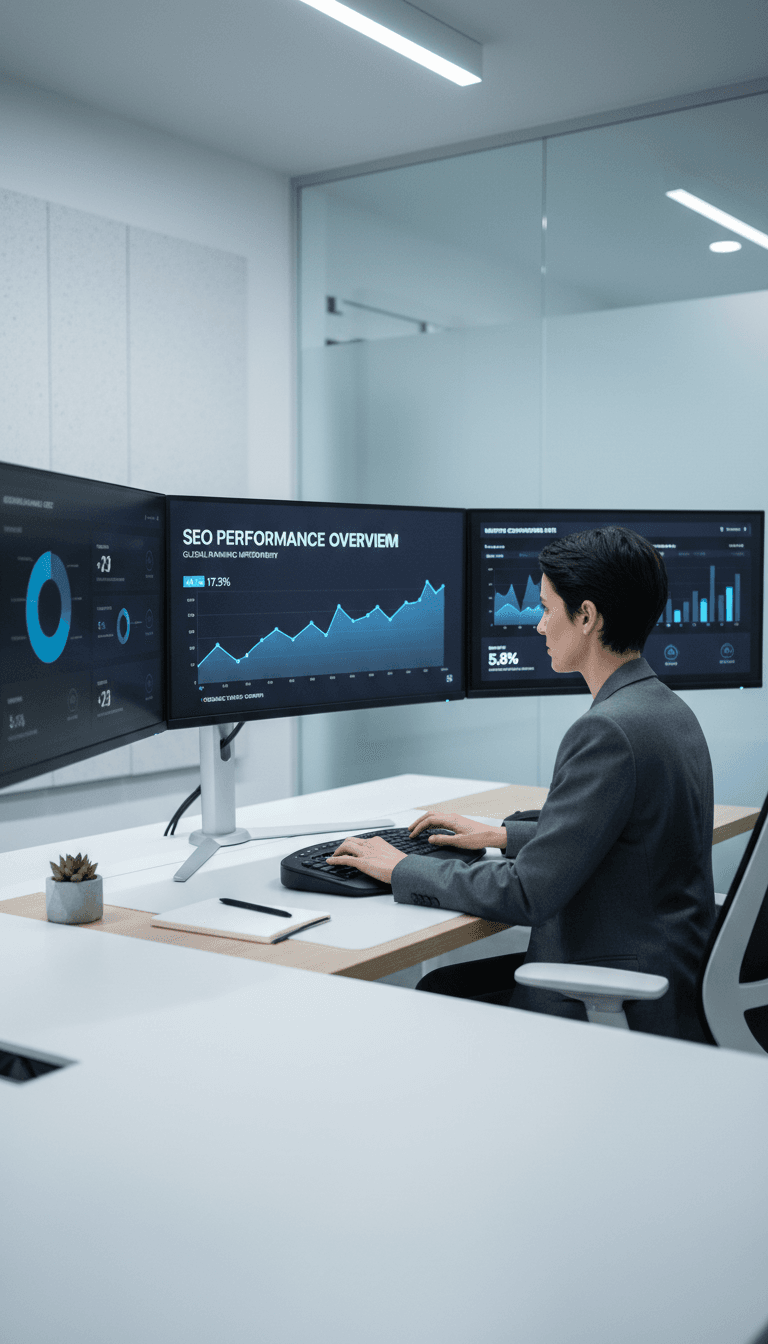 Agency professional analyzing SEO performance data across multiple monitors