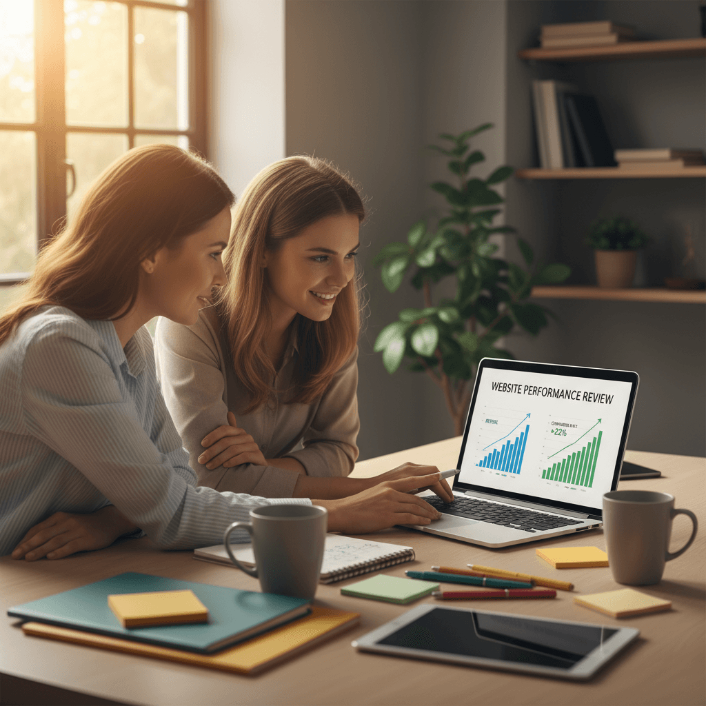 Strategist and client reviewing website optimization reports and performance metrics