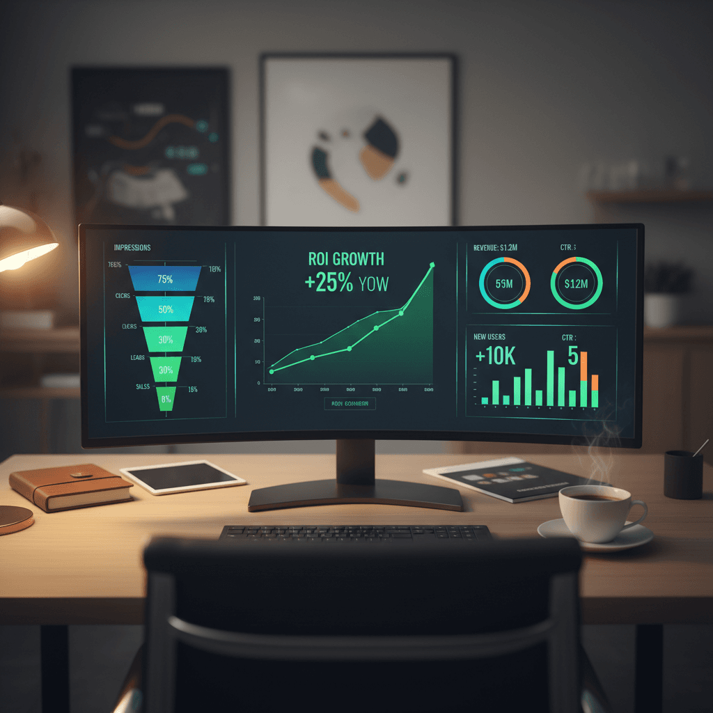 Analytics dashboard showing integrated conversion tracking and ROI metrics