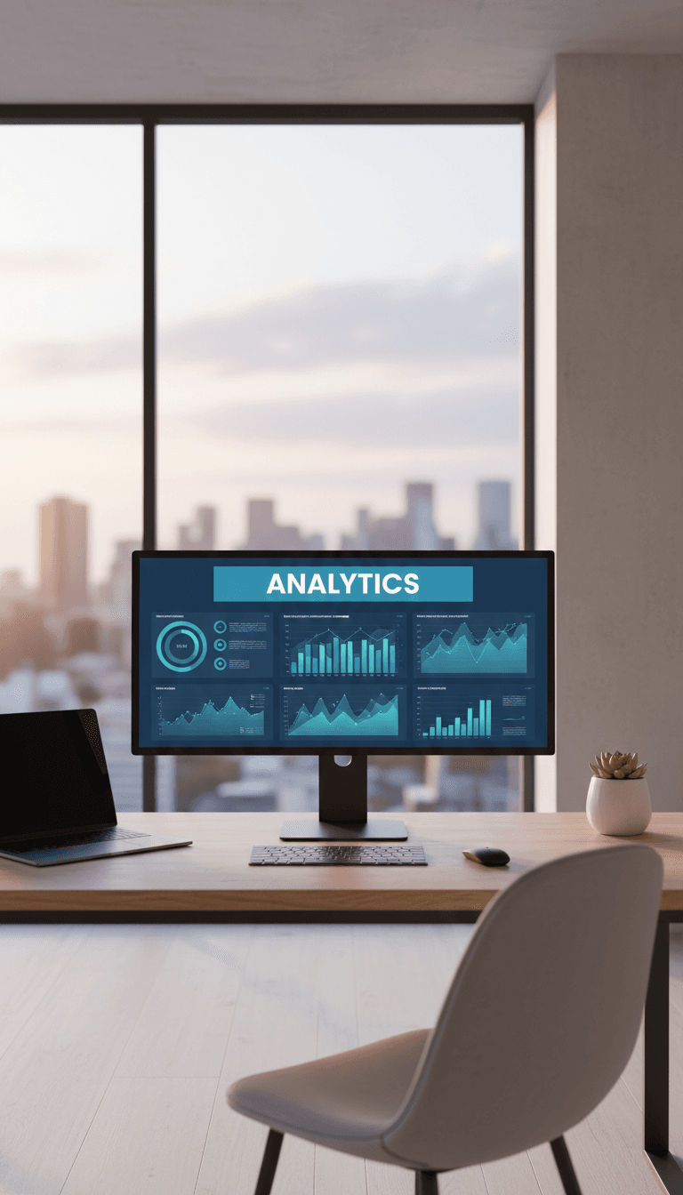 Analyst reviewing SEO performance metrics on computer screen in bright professional office