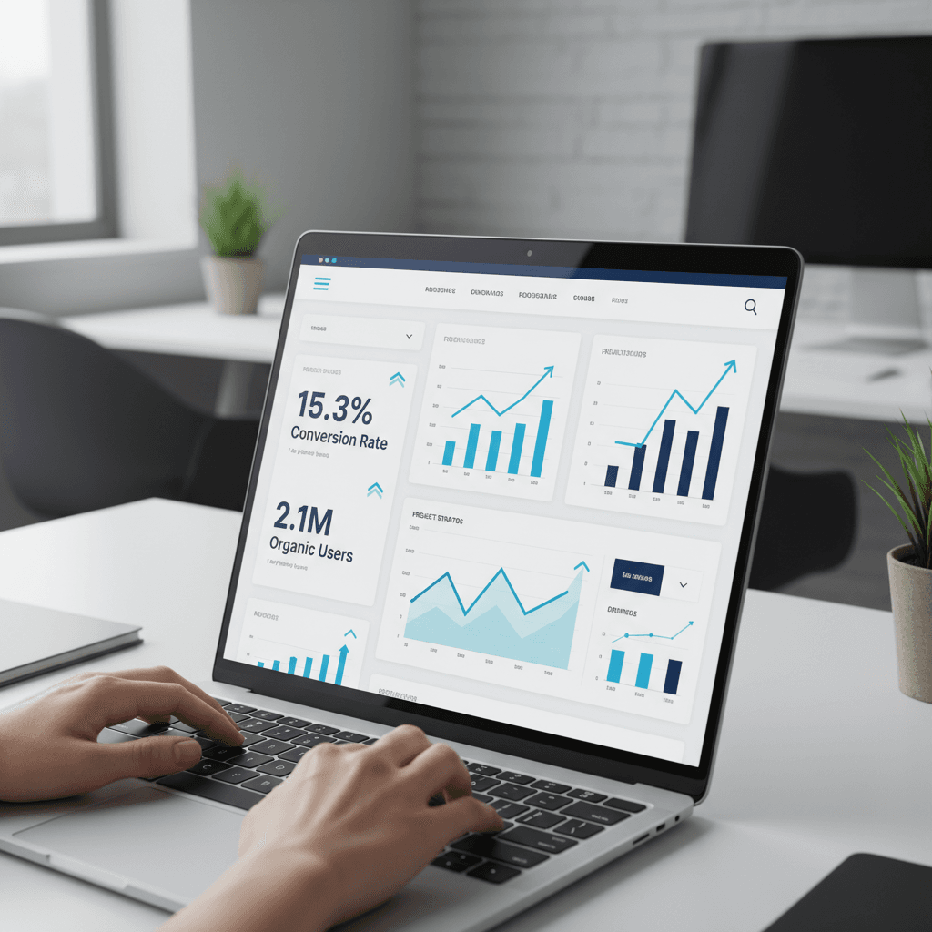 High-converting website displayed on laptop screen with analytics dashboard