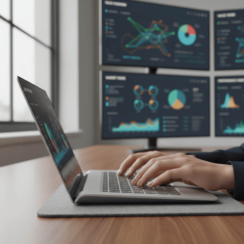 Professional workspace with analytics dashboard