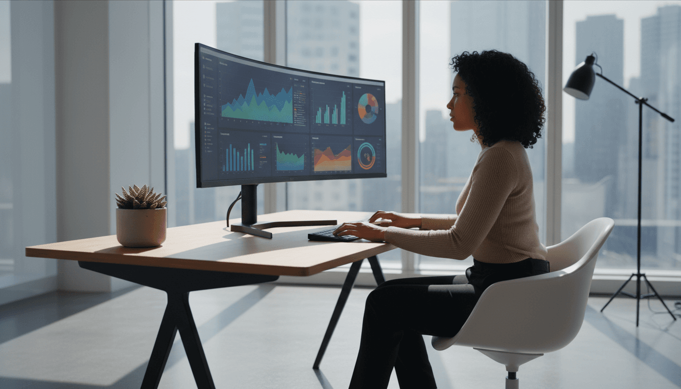 Modern minimalist workspace with a large desktop monitor displaying analytics dashboard with colorful charts and graphs